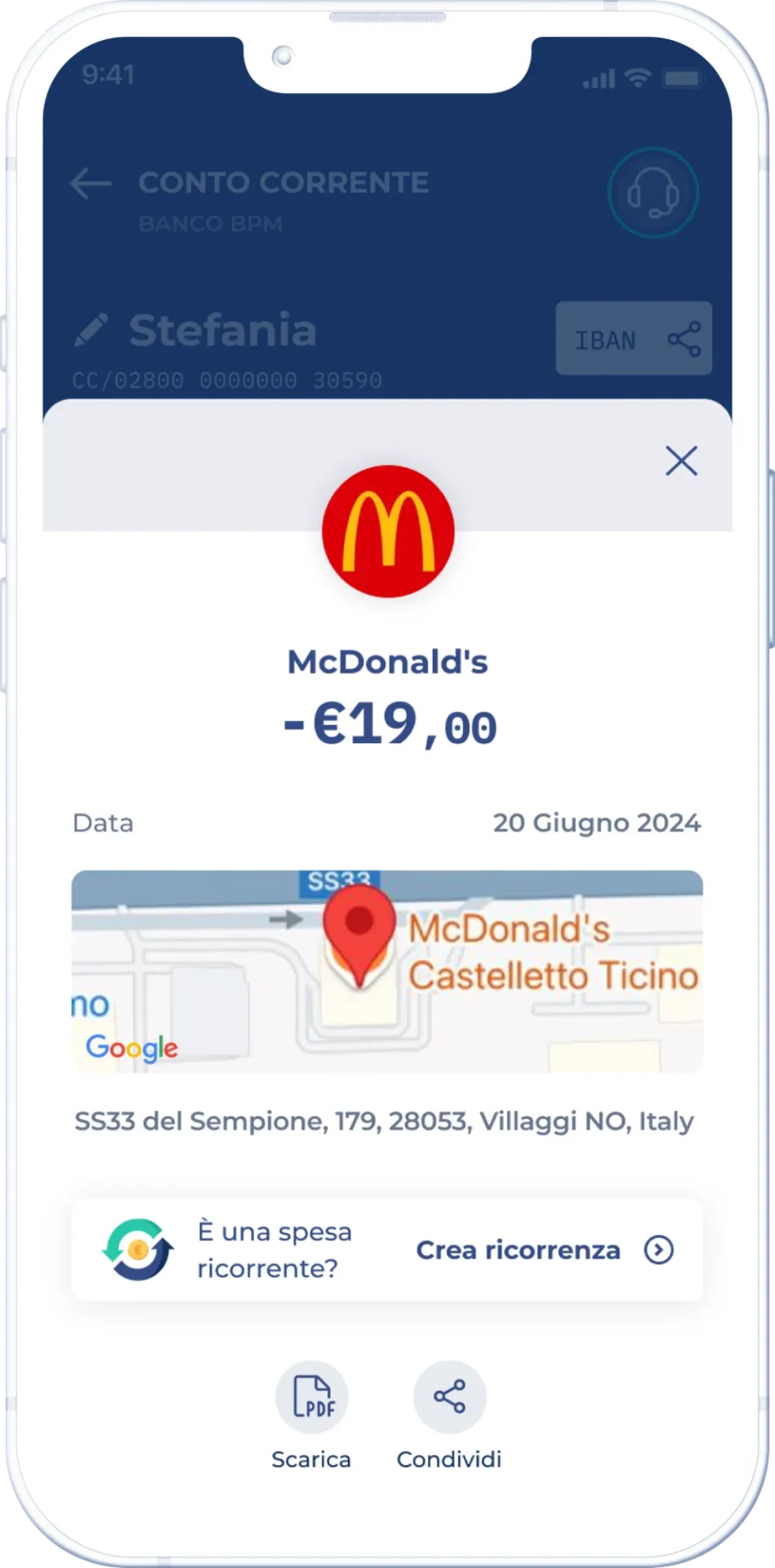 Banco BPM showing location enrichment of a transaction on their banking app