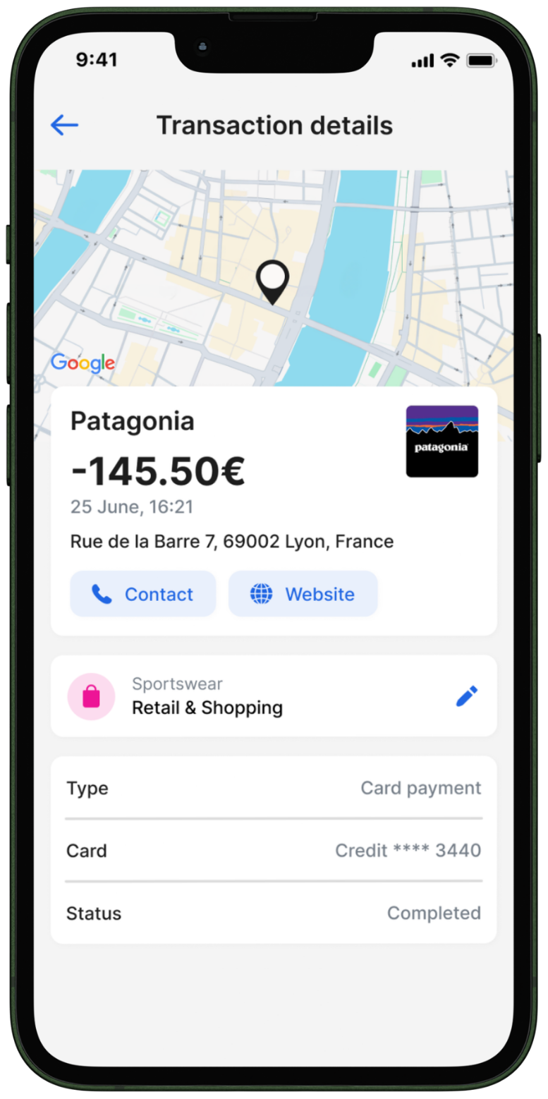 Vista detalle de una transacción con datos geolocalizados