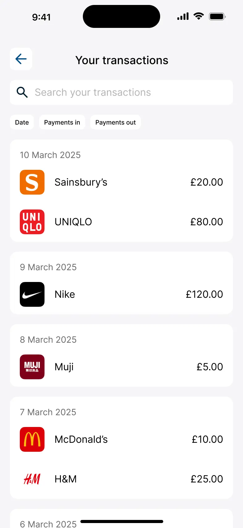 List view enriched transactions in Kroo Bank App